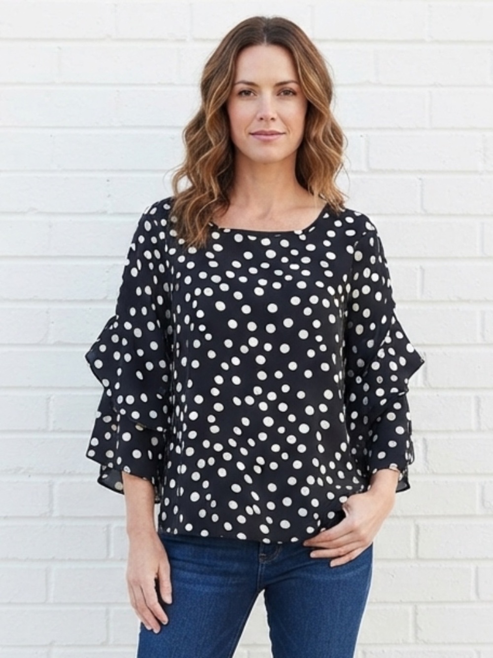 Classic Polka Dot Ruffled Tiered Blouse Office Career SZ L